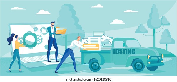 Web Hosting and Database Technology Security Metaphor. Cartoon Tiny People Technician and Programmers Characters Transfer Data Cloud Computing Datacenter Server. Vector Flat Illustration