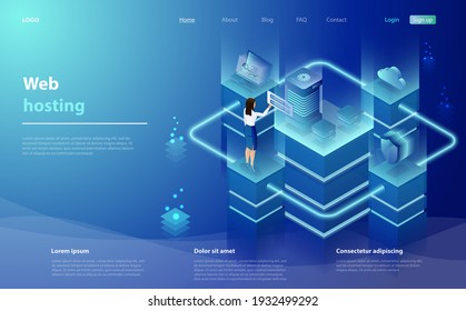 Web hosting, development concept with character. Cloud computing online database technology security computer web data center server. Web hosting, development concept, programming and coding.