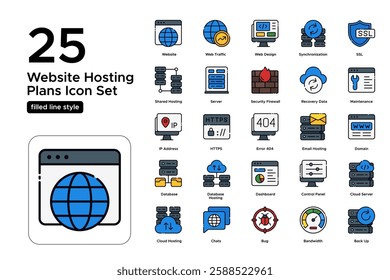 Web Hosting and Domain Services. Cloud Storage, Website Management, and Server Solutions. Vector Illustration. FIlled line icon set