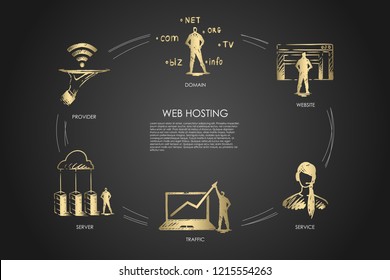 Web hosting, domain, website, traffic, provider vector set