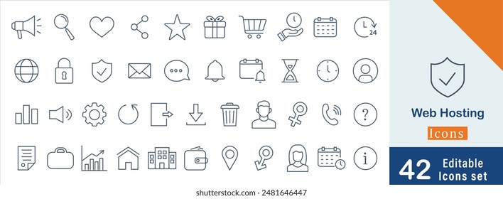 Web Hosting editable stroke outline web icons set. Web hosting, server,  domain, internet, b FTP, database and firewall. Vector illustration