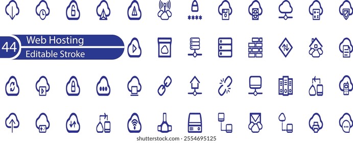 Web Hosting editable stroke outline web icons set. Web hosting, server, data center, cloud hosting, vps, domain, ftp, internet, ssl, database and firewall