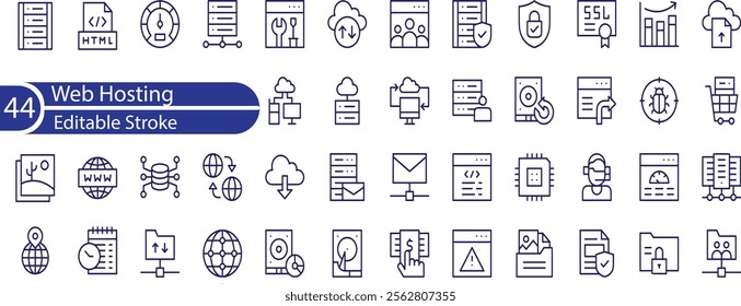 Web Hosting editable stroke outline web icons set. Web hosting, server, data center, cloud hosting, vps, domain, ftp, internet, ssl, database and firewall.