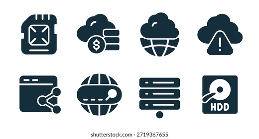 Web-Hosting ausgezeichnete Icon-Sammlung. Serverspeicher, Cloud-Netzwerk, Rechenzentrum, Hosting-Service, globale Verbindung, Datenbankstapel, Überwachung der Betriebszeit, Symbole der Web-Infrastruktur