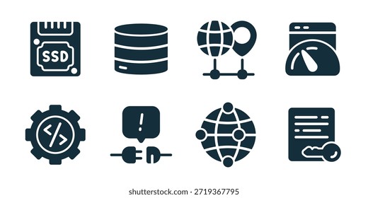 Web-Hosting ausgezeichnete Icon-Sammlung. Serverrack, Cloud-Sicherheit, globales Hosting, Datentransfer, Netzwerkstabilität, Datenbankmanagement, Webleistung, Online-Service-Symbole