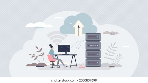 Web Hosting And File Storage In Server As Information Database Upload Tiny Person Concept. Computer Data Transfer To Cloud Center Using Online Service Vector Illustration. Network Gear Infrastructure.