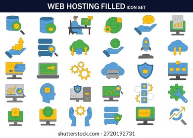 Conjunto de iconos con servidores, computación en la nube, seguridad, codificación, análisis, IA, base de datos y Web de administración de redes. Perfecto para Sitios web, App, diseño de interfaz de usuario, paneles y presentaciones tecnológicas.