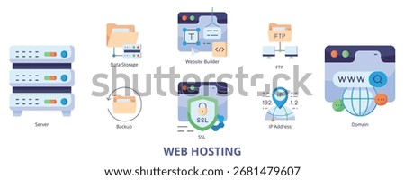 Web Hosting Flat Banner Web Icon Set Vector Illustration, Server Domain Data Storage FTP SSL Backup IP Address Website Builder 