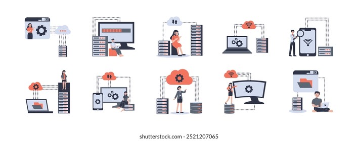 Conjunto de ilustrações simples de Hospedagem na Web. Inclui banco de dados on-line, servidor, data center da Web, computação em nuvem, tecnologia e segurança de computadores. Ilustração vetorial isolada.