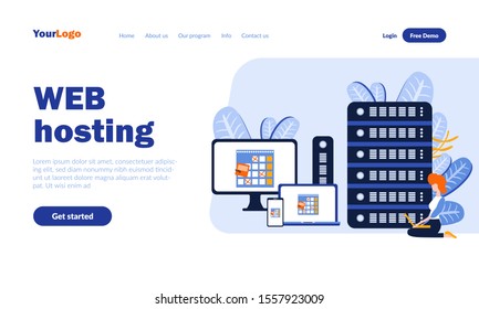 Web hosting flat landing page template with header. Website placing on server, online service web banner, homepage design. Internet data storage vector illustration. Online database concept