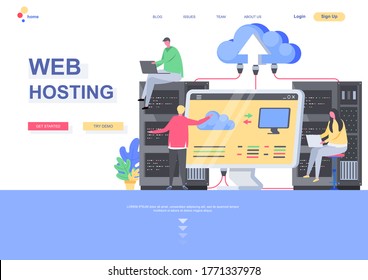 Web hosting flat landing page template. IT specialists admining server hardware situation. Web page with people characters. Cloud computing technology, hosting and support services vector illustration