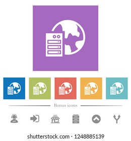 Web hosting flat white icons in square backgrounds. 6 bonus icons included.