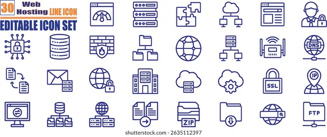 Web hosting glyph solid icons. Containing cloud computing, server, domain, firewall, internet, FTP, database, SSL, data hosting and more.	
