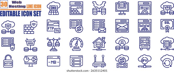 Web hosting glyph solid icons. Containing cloud computing, server, domain, firewall, internet, FTP, database, SSL, data hosting and more.	
