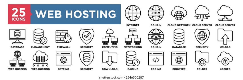 Conjunto de coleções de ícones da Hospedagem na Web. Contendo design, Internet, Domínio, Rede em nuvem, Servidor em nuvem