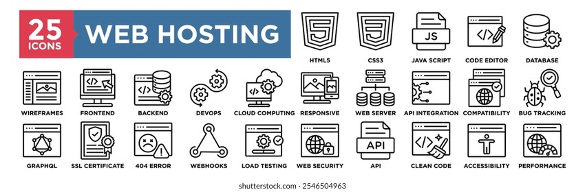 Conjunto de colecciones de íconos de Web Hosting. Con diseño HTML5, CSS3, Java Script, Editor de código, Gestión de bases de datos