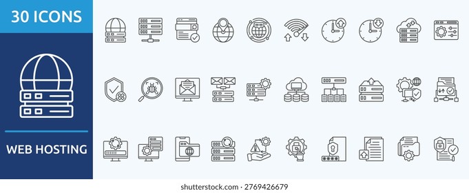 web hosting
  - Icon Collection. Thin outline Set contains such Icons as  server, domain name, ip address, domain name system, bandwidth and more. Simple web icons set
