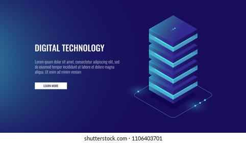 Web hosting icon, data processing unit isometric, database server room vector