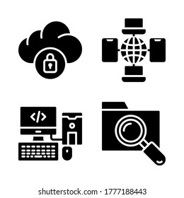 Juego de iconos de alojamiento web = nube bloqueada, red, codificación de pc, carpeta de búsqueda.
Perfecto para aplicaciones móviles web, presentación, ilustración y cualquier otro proyecto.