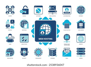 Conjunto de ícones de Hospedagem na Web. Hospedagem Na Nuvem, Acesso, Usuário, Segurança, Banco De Dados, Servidor, Site, Ataque De Ddos. Ícones sólidos de cor duotônica