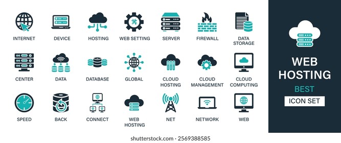 Web hosting icon set collection. Internet, device, hosting, web setting, server, firewall, data storage, center, database, global, cloud hosting and best solid icon set.