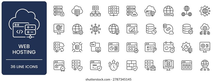 Web hosting icon set. Collection of server infrastructure, cloud computing, database management and network security line icon vector illustration with editable stroke.