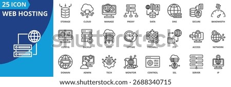 web hosting icon set collection in outline style. icon pack contain server, domain, cloud, host, data, bandwidth, secure, storage, uptime, backup
