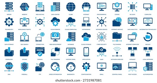 Web Hosting Icon Set. Containing Server, Website, Data Center, Internet, Programming, Coding, Big Data, Computer, Technology, Worldwide Traffic Icon. Simple Dual tone Vector 