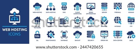 Web hosting icon set. Containing cloud computing, server, domain, firewall, internet, FTP, database, SSL, data hosting and more. Solid vector icons collection.