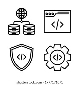 Web hosting icon set = web database, web coding, shield coding, coding setting.
Perfect for website mobile app, presentation, illustration and any other projects.