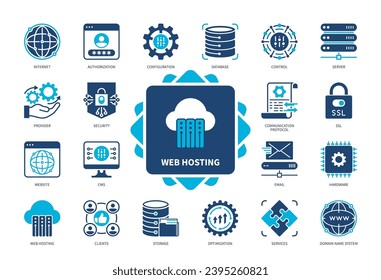 Web Hosting icon set. Email Hosting, Website, Server, Database, Domain Name System, Configuration, Storage, Security. Duotone color solid icons