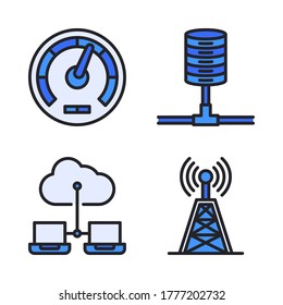 Web hosting icon set (Filled Line) = speedometer, server networking, cloud computing, signal tower.
Perfect for website mobile app, presentation, illustration and any other projects.