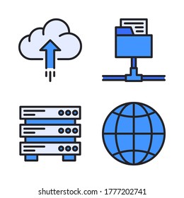 Web hosting icon set (Filled Line)= cloud upload, folder network, server database, browser.
Perfect for website mobile app, presentation, illustration and any other projects.