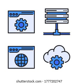 Juego de iconos de hospedaje web (línea rellenada) = configuración web, base de datos de servidor, explorador web, configuración de nube.
Perfecto para aplicaciones móviles web, presentación, ilustración y cualquier otro proyecto.