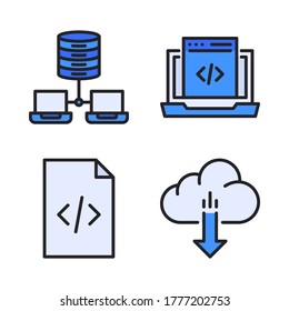 Web hosting icon set (Filled Line) = database online, web coding, file coding, cloud download.
Perfect for website mobile app, presentation, illustration and any other projects.