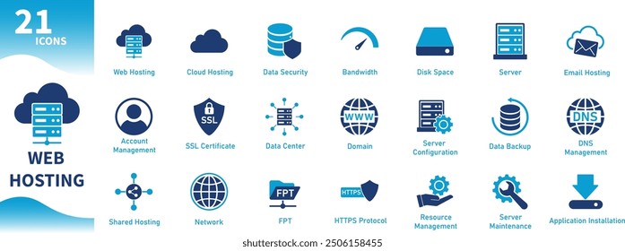 Web hosting icon. Set of icons on the theme of information technology, computers, internet, cloud storage, cyber security. Solid vector icons.