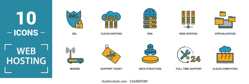 Web Hosting icon set. Include creative elements data structure, cloud technology, ssd, file access, modem icons. Can be used for report, presentation, diagram, web design.