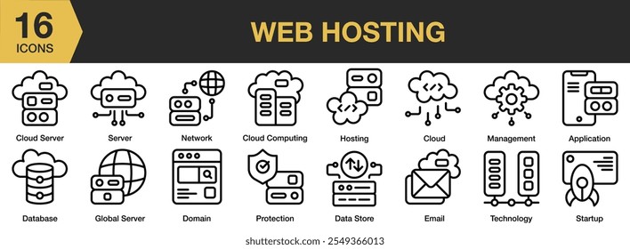 Conjunto de ícones de Hospedagem na Web. Inclui servidor em nuvem, servidor, rede, hospedagem de computação em nuvem, domínio, banco de dados e muito mais. Contornar coleção de vetores de ícones.