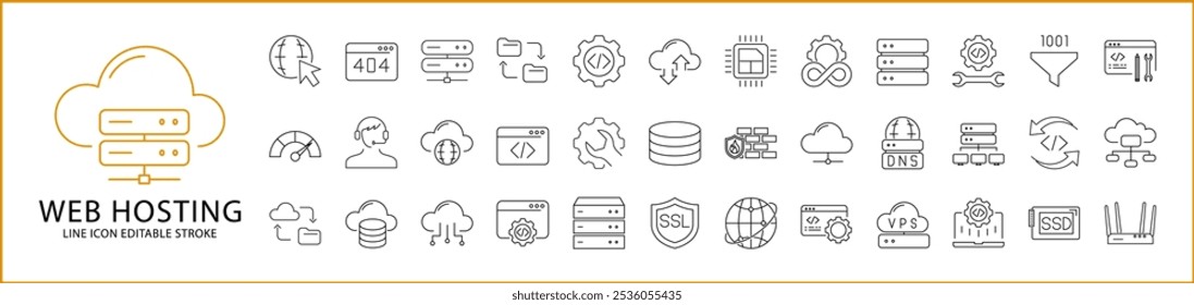 Ícone De Hospedagem Na Web Definido No Estilo De Linha. Contendo servidor, banco de dados, rede, ciberespaço, armazenamento, nuvem, computação, site, etc. Conjunto de ícones. Ilustração de vetor. Traço editável.