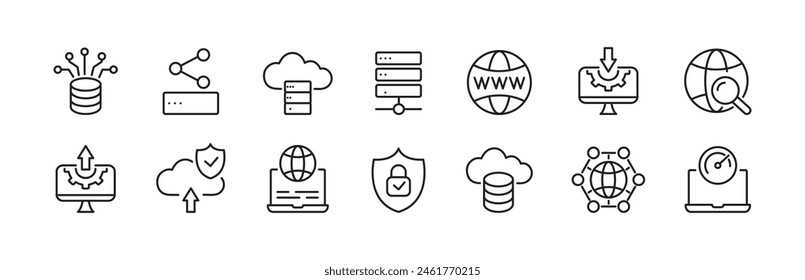 Conjunto de iconos de Web Hosting. Servidor, cloud computing, Internet, CDN, SSL, VPN. Vector.