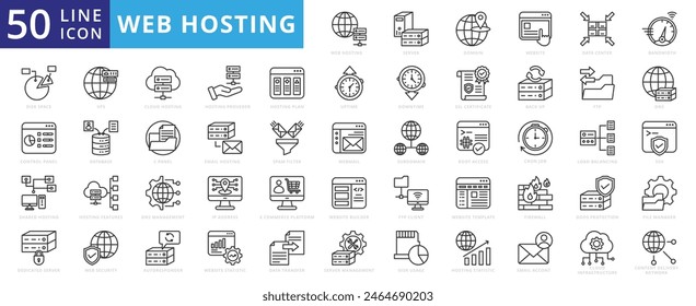 Web hosting icon set with server, domain, website, data center, bandwidth, disk space, control panel, dedicated and shared.