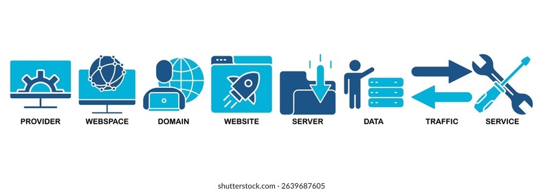 Web hosting icon set vector illustration concept with icon of provider, webspace, domain, website, server, data, traffic and service