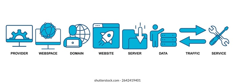 Ícone de hospedagem na Web definir conceito de ilustração vetorial com ícone de provedor, espaço Web, domínio, site, servidor, dados, tráfego e serviço