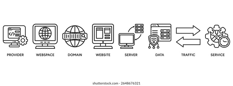 Ícone de hospedagem na Web definir conceito de ilustração vetorial relacionado a provedor, espaço Web, domínio, site, servidor, dados, tráfego e serviço