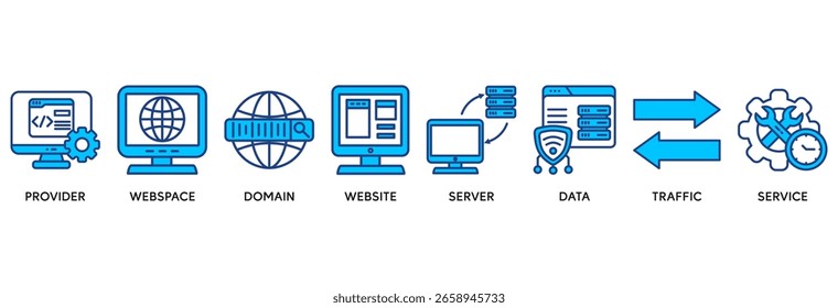 Ícone de hospedagem na Web definir conceito de ilustração vetorial relacionado a provedor, espaço Web, domínio, site, servidor, dados, tráfego e serviço