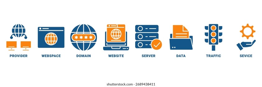 Web host ícone definir conceito vetorial com ícone do provedor, espaço web, domínio, site, servidor, dados, tráfego, serviço