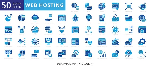 Ícone de hospedagem na Web definido com site, dns, servidor, nuvem, modelo, email, gerenciamento, banco de dados, firewall, estatísticas, infraestrutura, data center, largura de banda, ftp, hospedagem na Web e transferência de dados