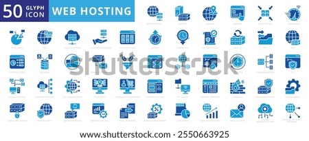 Web hosting icon set with website, dns, server, cloud, template, email, management, database, firewall, statistics, infrastructure, data center, bandwidth, ftp, web hosting, and data transfer