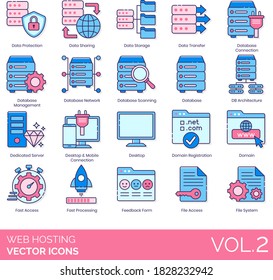 Web hosting icons including data protection, sharing, storage, transfer, database connection, management, network, scanning, DB architecture, dedicated server, desktop, mobile, domain registration.