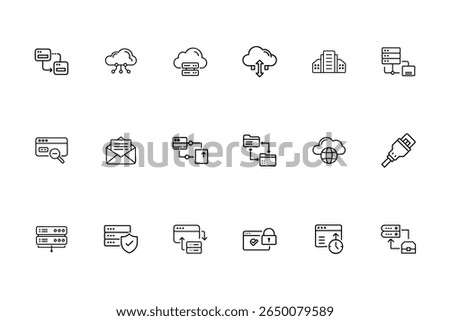 Web hosting icons set depicting cloud servers data transfer security elements vector
